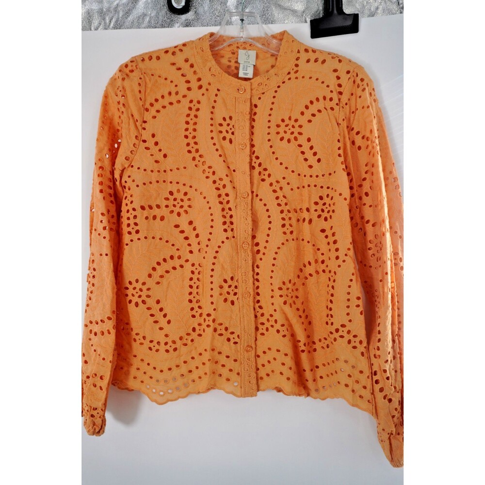 Joie Peach Women Sz XS Eyelet Embroidered Button Up Long Sleeve Boho Chic Blouse